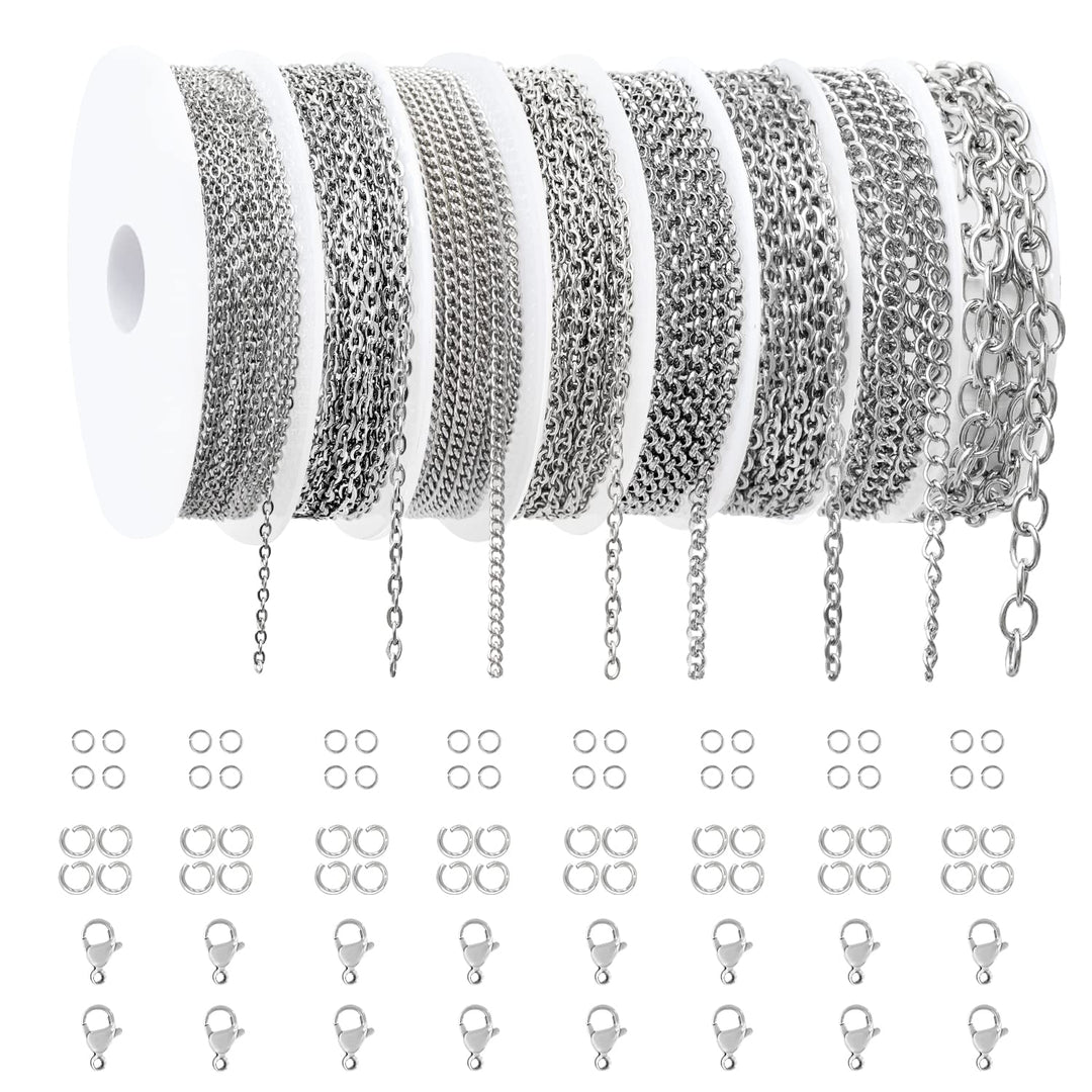 Necklace Chains for Jewelry Making, 65 Feet Stainless Steel Jewelry Chain with Stainless Steel Jump Rings Stainless Steel Lobster Clasps for Bracelet Necklace Jewelry Making (8 Sizes)