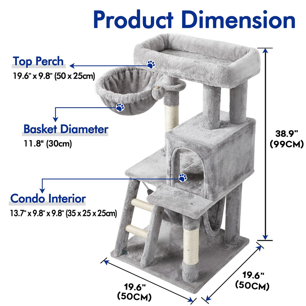 Cat Tree Cat Tower for Indoor Cats, Multi-Level Cat House Condo with Large Perch, Scratching Posts & Hammock, Cat Climbing Stand with Toy for Small Cats Kittens Play Rest, 39 Tall, Gray
