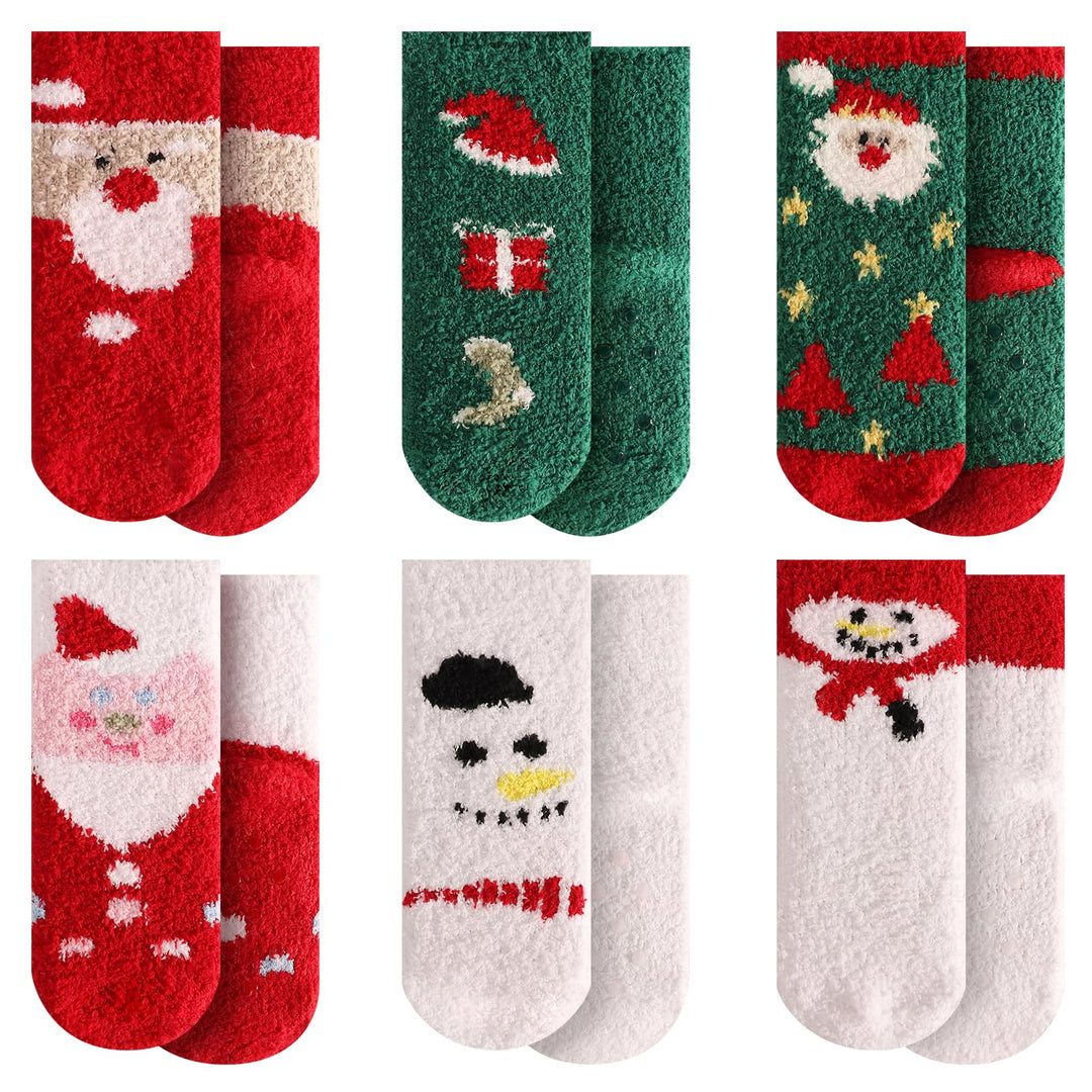 Christmas Fuzzy Socks for Kids Plush Cartoon Non Slip Fluffy Cozy Slipper Winter Warm Fleece Socks Pack of 6 (Mix 1, US Footwear Size System, Big Kid, Age Range, Medium, 2 Years, 5 Years)