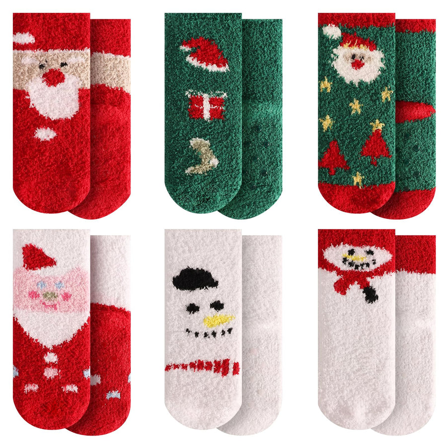 Christmas Fuzzy Socks for Kids Plush Cartoon Non Slip Fluffy Cozy Slipper Winter Warm Fleece Socks Pack of 6 (Mix 1, US Footwear Size System, Big Kid, Age Range, Medium, 2 Years, 5 Years)