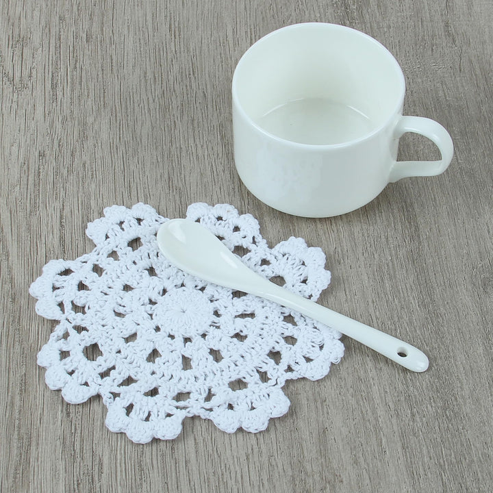 Small Handmade Crochet Round Cotton Lace Table Placemats Doilies for Cup/Glass Value Pack [Set of 4], Medallion, 5 inch, White