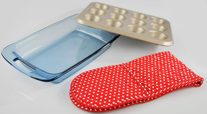Home-X Red Polk Dot Double Oven Mitt for Cooking and Se
