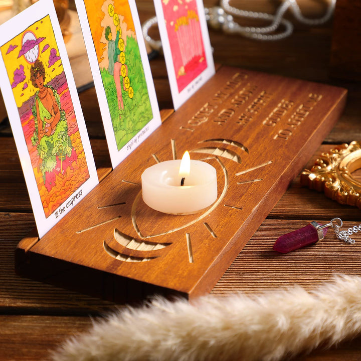 Wooden Tarot Card Stand Moon Phase Tarot Card Holder Stand Rectangle Card Display Stand Lenormand or Oracle Pagan Altar Supplies Tarot Card Decor for Divination Tools
