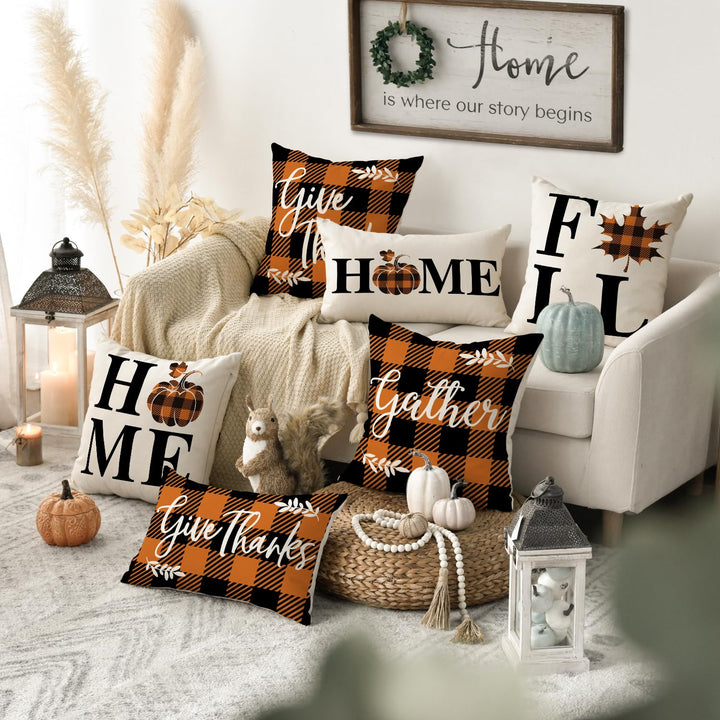Home Fall Buffalo Check Plaid Pumpkin Maple Leaf Throw Pillow Cover, 16 x 16 Inch Autumn Give Thanks Gather Farmhouse Cushion Case for Sofa Couch Set of 4
