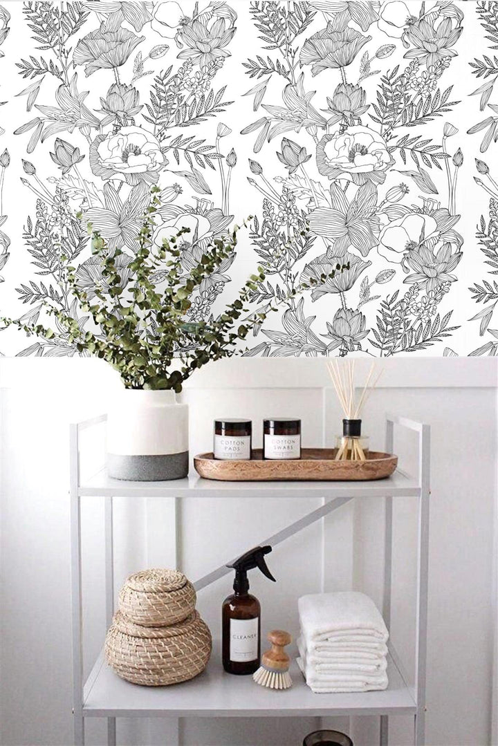 Black White Elegant Modern Lotus Lily Leaf Peel and Stick Wallpaper Self-Adhesive Prepasted Wallpaper Wall Mural Wall Decor (17.7“x118”, Black/White)