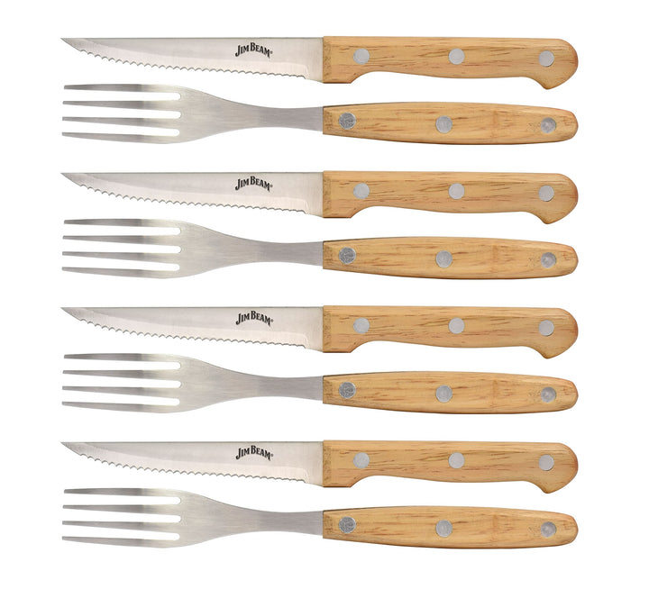 Set of 8 Ideal, Chicken, Pork and More-Steak Knives and Forks Made of Stainless Steel Blade and Contoure, Medium, Light Brown, JB0208