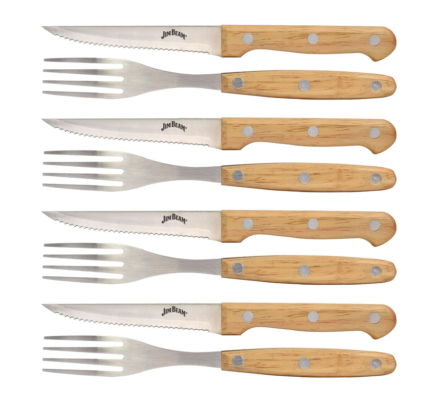 Set of 8 Ideal, Chicken, Pork and More-Steak Knives and Forks Made of Stainless Steel Blade and Contoure, Medium, Light Brown, JB0208