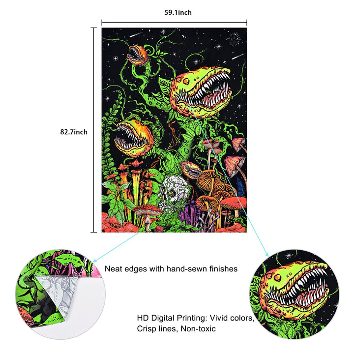 Blacklight Skull Tapestry Flowers and Vines Tapestries UV Reactive Mushroom Tapestry Black Light Posters for Living Room, Bedroom, Aesthetic Glow in The Dark(59.1 x 82.7 inches)