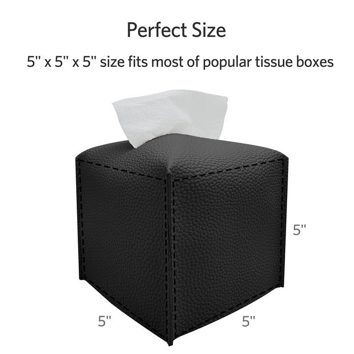 Tissue Box Cover, Modern Square Tissue Box Organizer, Decorative PU Leather Facial Paper Holder for Bathroom Vanity Countertop, Night Stand, Bedroom Dresser, Office Desk, Car (Black)