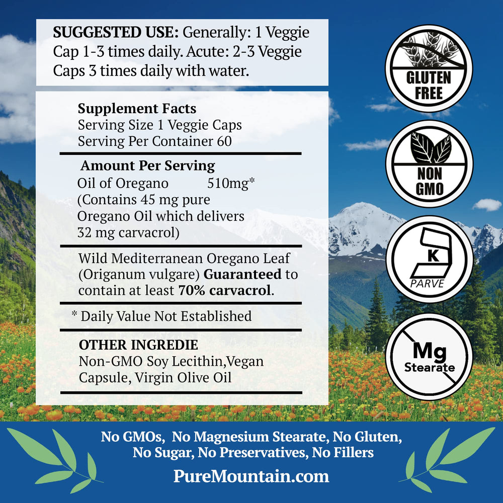 Wild Oregano Oil Capsules - 60 Kosher Vegan Caps Now with 510mg Mediterranean Oil of Oregano Supplement