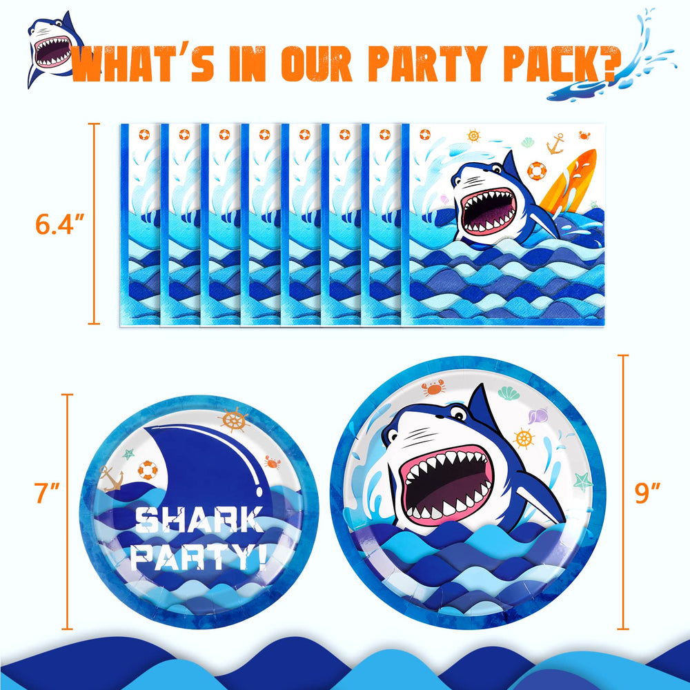 Shark Party Supplies - Blue Ocean Shark Tableware Set for Boys Birthday Baby Shower Pool Party Dinner Dessert Plates and Napkins Serves 16 Guests 48 Pieces
