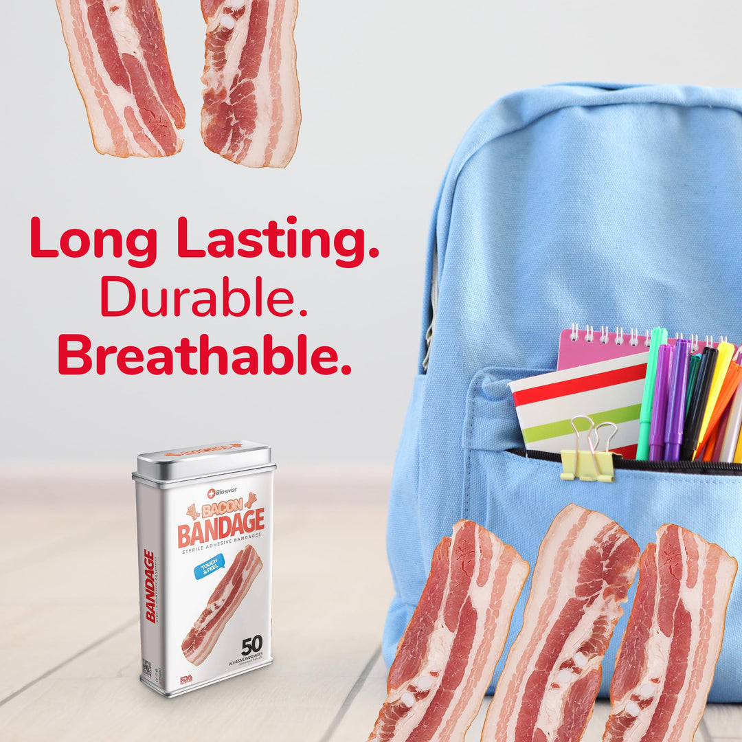 BioSwiss Novelty Bandages Collectable Tin, Self-Adhesive Funny First Aid Bandages, Novelty Gag Gift (Bacon)