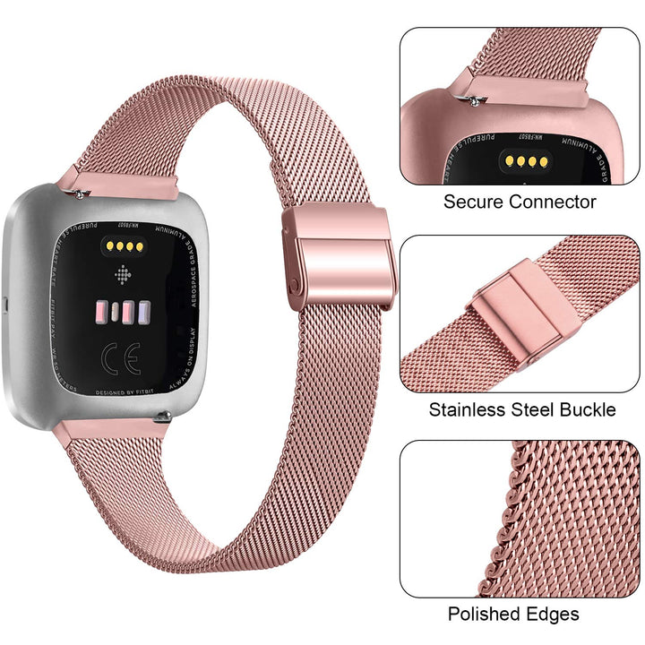 Metal Slim Bands Compatible for Fitbit Versa 2 / Fitbit Versa/Fitbit Versa Lite, Stainless Steel Metal Clasp Thin Replacement Bands for Women Men (For 6.7-8.7 wrists, Rose Pink)