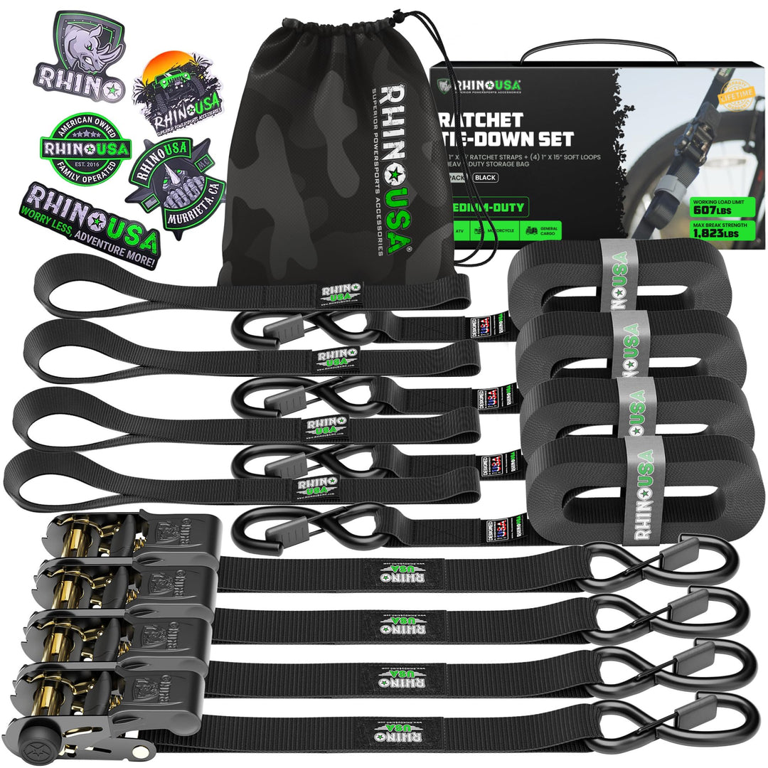Ratchet Straps Tie Downs (4-Pack) - 1 Inch x 15 Feet (1,823lb Break Strength) - Ultimate Tie Down Straps with Safety S Hooks - Premium Straps for Trucks, Cargo, Moving, Appliances - Black