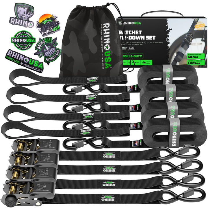 Ratchet Straps Tie Downs (4-Pack) - 1 Inch x 15 Feet (1,823lb Break Strength) - Ultimate Tie Down Straps with Safety S Hooks - Premium Straps for Trucks, Cargo, Moving, Appliances - Black