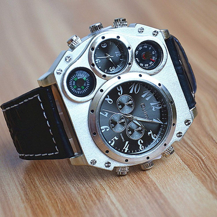 Mens Big Face Watch, Dual Time Zone Leather Strap Sport Watch, Analog Quartz Wrist Watch with Decorative Compass Thermometer Dial