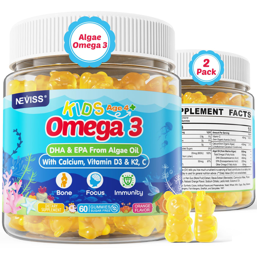 Kids Omega 3 Gummies with Calcium, Vitamin D3 & K2, C, Omega-3 DHA Gummies for Focus and Memory, Bone Health & Immune Support, Kids Omega3 Supplement - No Fish Taste, Non-GMO, Chewable, 2 Pack