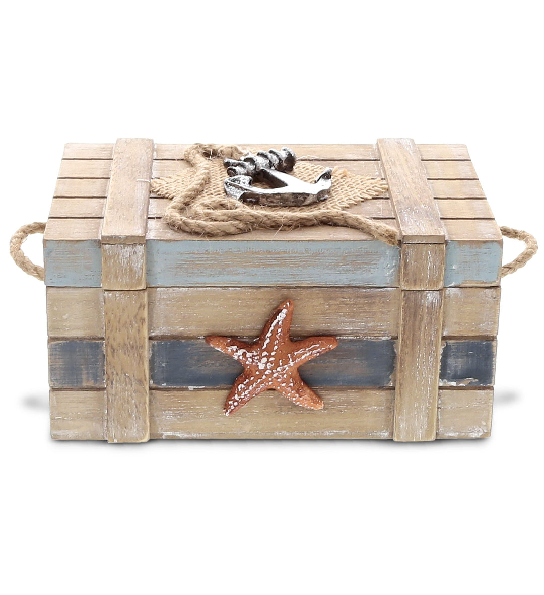Neptune Wooden Jewelry Box - Handcrafted Nautical Trinket Wooden Box with Starfish and Boat Anchor, Decorative Box With Hinged Lid for Beach Home Decor, Beach Souvenirs - 6.5 Inches