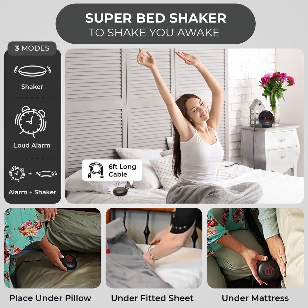 Sonic Bomb Dual Extra Loud Alarm Clock with Bed Shaker, Black | Vibrating, Heavy Sleepers, Battery Backup | Wake with a Shake