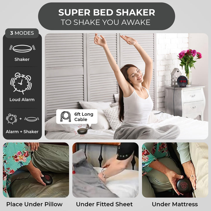 Sonic Bomb Dual Extra Loud Alarm Clock with Bed Shaker, Black | Vibrating, Heavy Sleepers, Battery Backup | Wake with a Shake