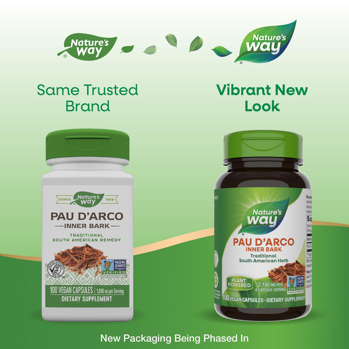 Nature&#39;s Way Pau d&#39;Arco Inner Bark, Traditional South American Herb, 2,180 mg per 4-Capsule Serving, Non-GMO Project Verified, 100 Capsules (Packaging May Vary)