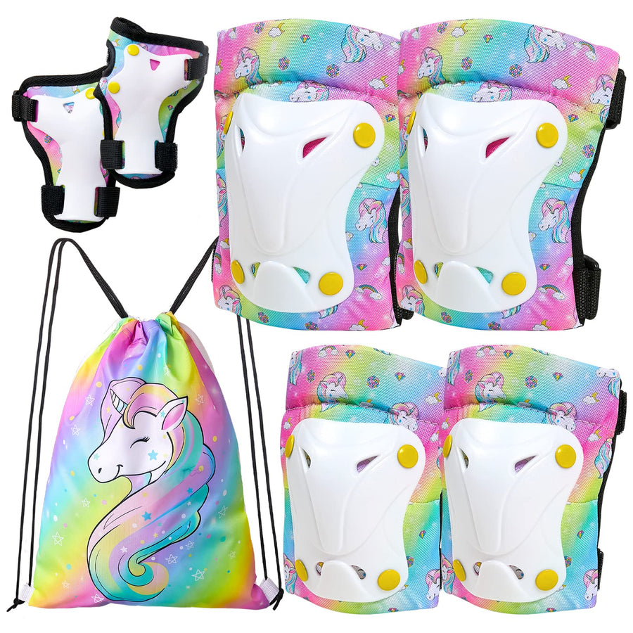Knee Pads for Kids Unicorn Knee Elbow Pads Wrist Guards with Drawstring Bag Adjustable Protective Gear Set for Girls Boys Inline Skating Bike Cycling Skateboard Scooter, 3-8 Years, Rainbow