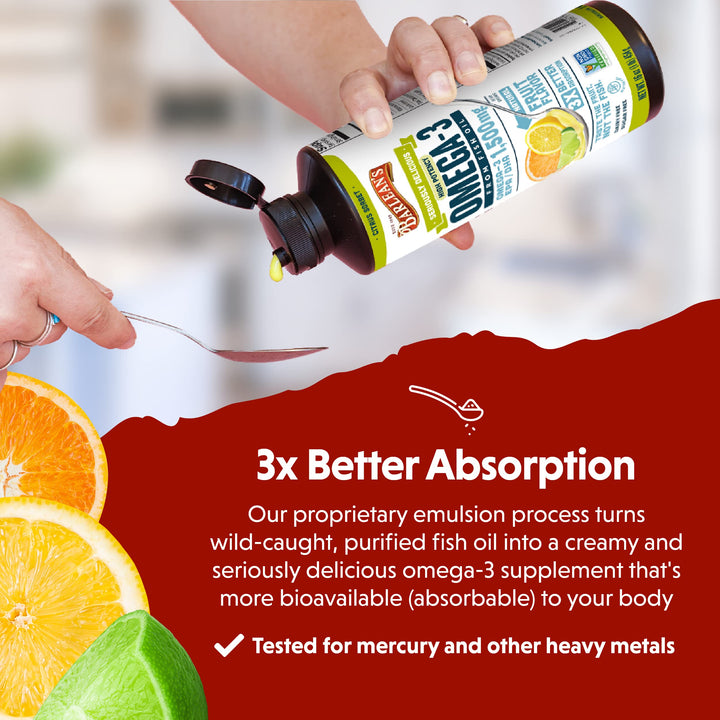 Barlean&#39;s Citrus Sorbet High Potency Omega 3 Fish Oil Liquid Supplement, 1500mg of EPA &amp; DHA Fatty Acid, Smoothie Flavored &amp; Burpless for Brain, Joint, &amp; Heart Health, 16 oz