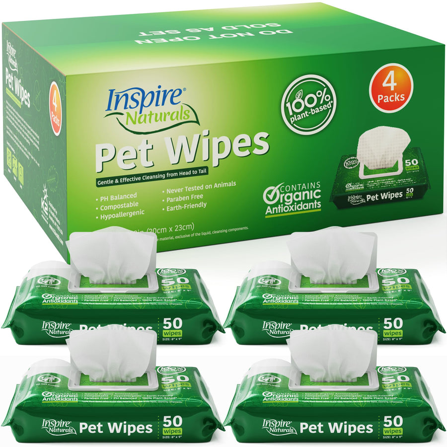 Naturals Pet Wipes for Dogs and Cats 100% Natural Plant Based with Organic Antioxidants, Dog Wipe Cleaning Deodorizing | Cat Wipes | Puppy Wipes | Dog Wipes for Paws and Butt (200ct - 4 Pack)