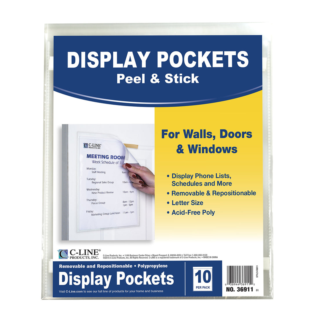 Peel and Stick Display Pockets, Clear, 8.5 x 11 Inches, 10 per Pack (36911)