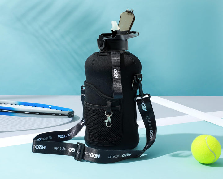 2.2L Half Gallon Water Bottle with Storage Sleeve and Removable Straw – BPA Free Large Reusable Drink Container with Handle - Big Sports Jug, 2.2 Liter (74 Ounce), Jet Black