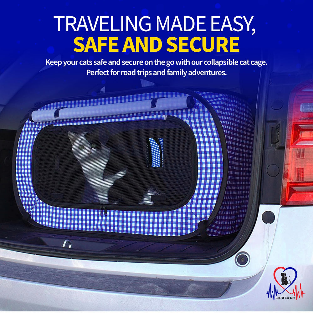 Extra Large Cat Carrier for Travel - Foldable & Portable Collapsible Kennel with Litter Box, Feather Toy & Water/Food Bowl - Ideal for Cars, Long Trips & Indoor Cats - Blue Checkers