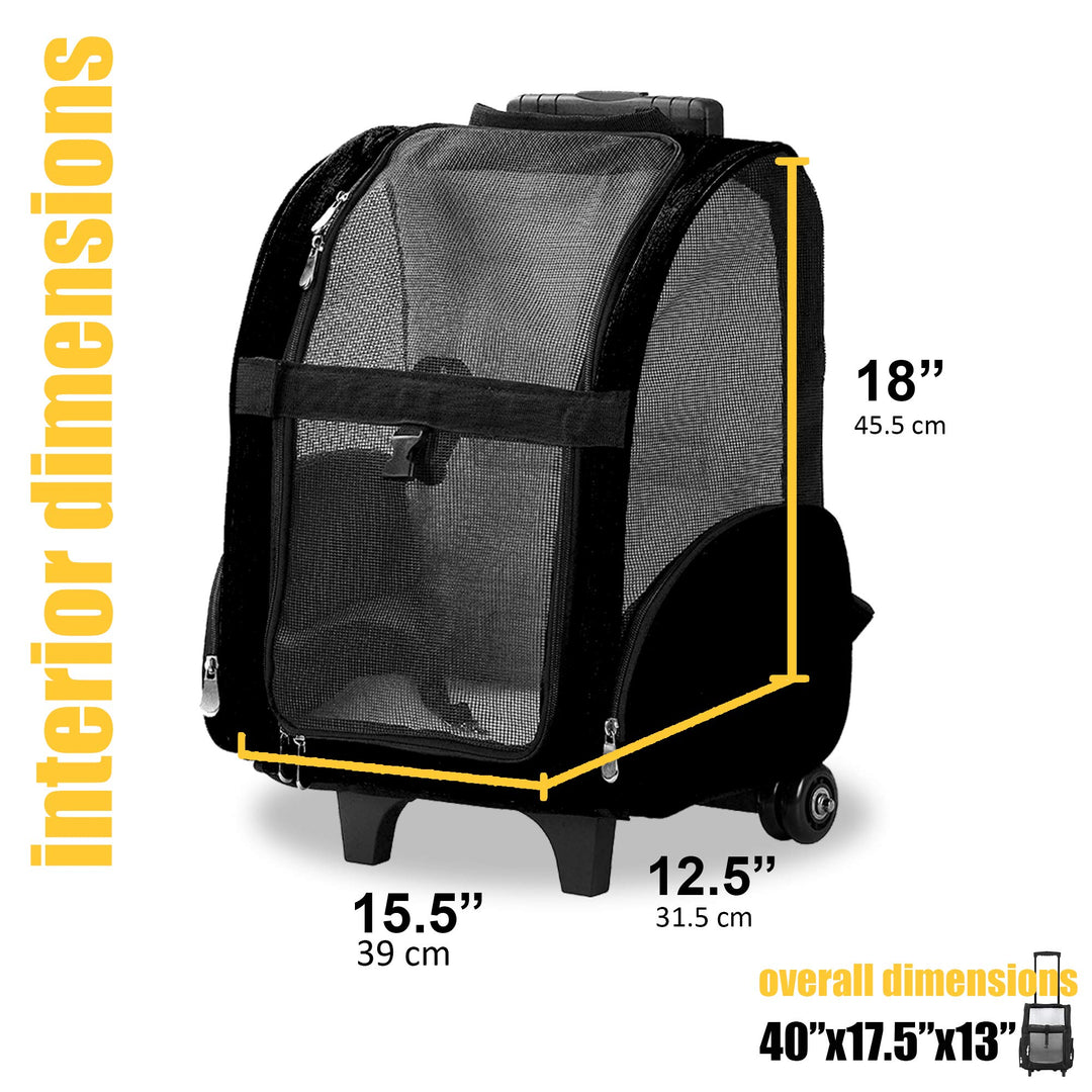 Deluxe Backpack Pet Travel Carrier with Double Wheels for Pets up to 18 Pounds - Black