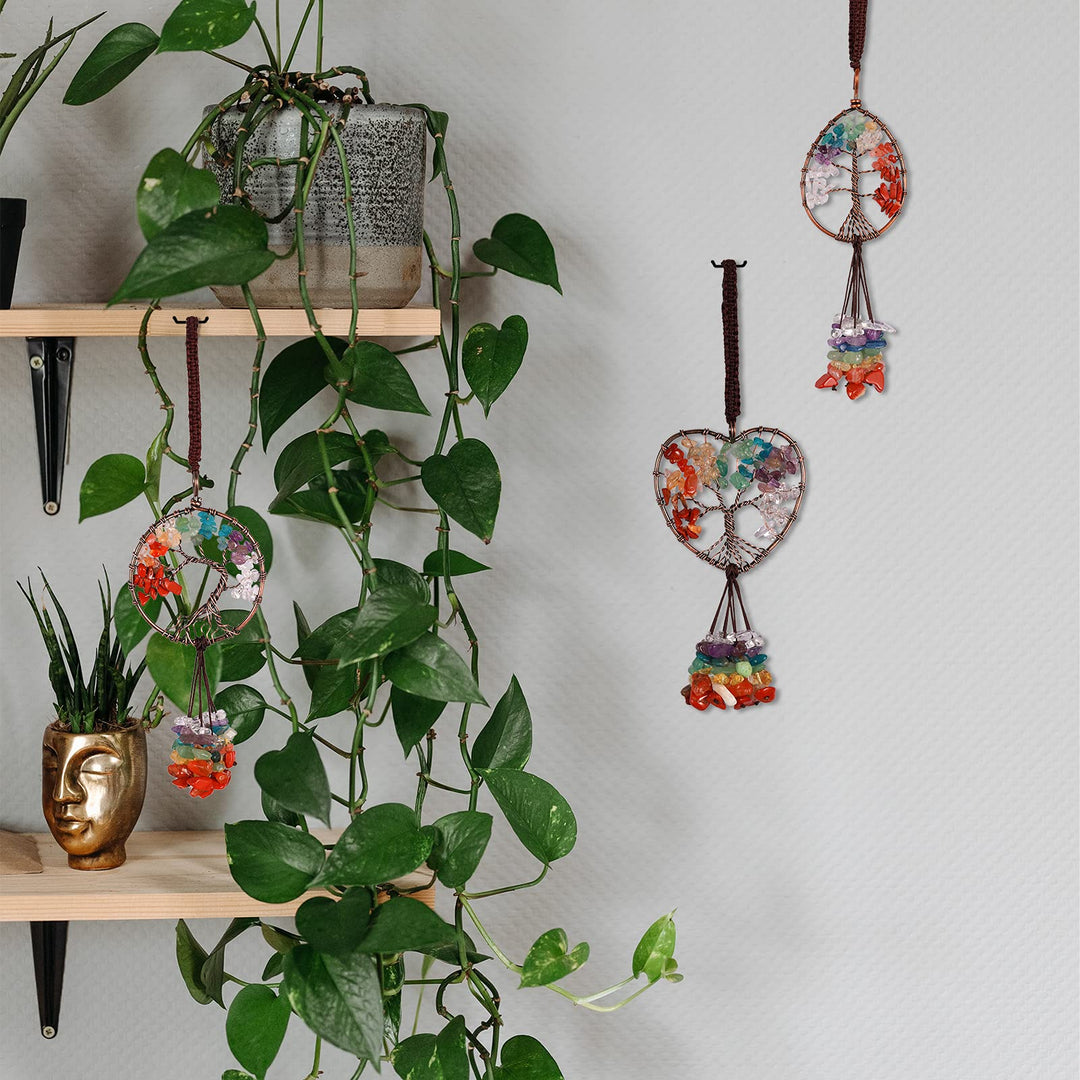 7-Chakra Stones Healing Crystal Hanging Ornaments Tree of Life for Thanksgiving Christmas Day Car Hanging Accessories, Party Decor Meditation Decorations (SGK-Round Shaped)