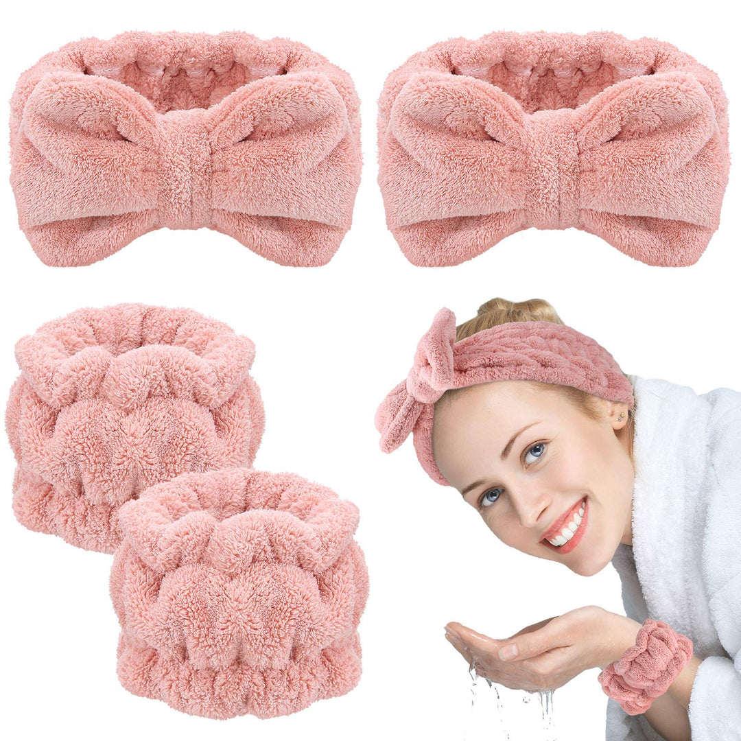 Chuangdi 4 Pcs Microfiber Headband Spa Wristbands and Wrist Bands for Washing Face Cuffs Towel Wristbands Hair Headband Face Wash Cuffs for Women Makeup(Pink)