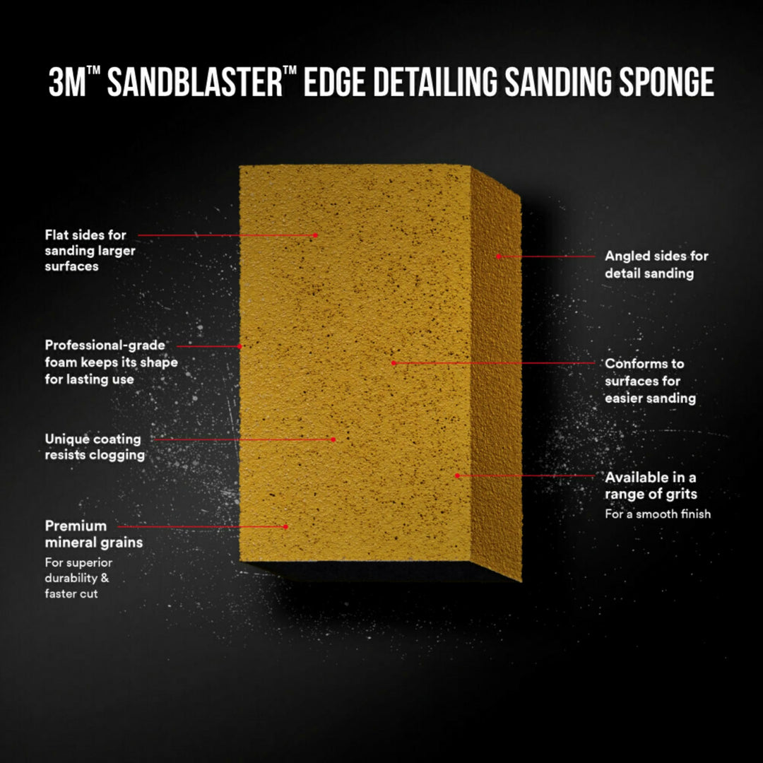 SandBlaster Dual Angle Bare Surfaces Sanding Sponge, 320 Grit, For Wet Or Dry Use, Professional-Grade Foam Keeps Its Shape For Lasting Use, Premium Mineral Grits For Effective Hand Sanding (9566)