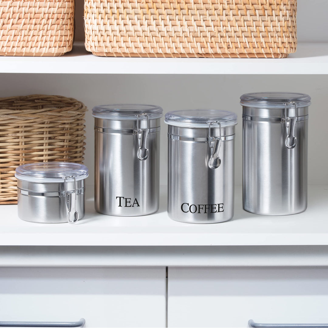 Stainless Steel Coffee Canister 62 fl oz - Airtight Clamp Lid, Clear See-Thru Top - Ideal for Coffee Bean Storage, Ground Coffee Storage, Kitchen Storage, Pantry Storage. Large Size 5 x 7.5.