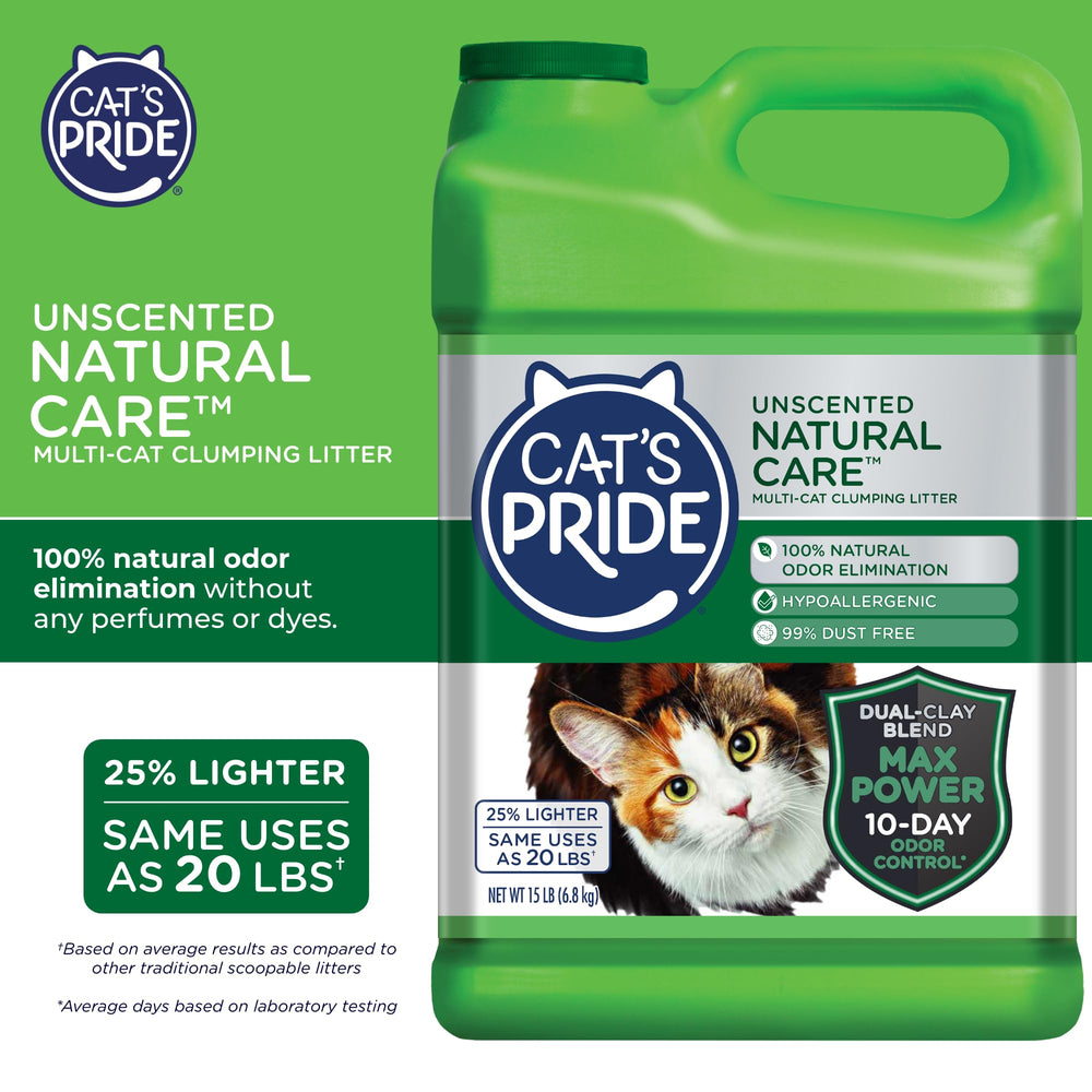 Max Power: Natural Care - Up to 10 Days of Powerful Odor Control - 100% Natural Odor Elimination - Hypoallergenic - 99% Dust Free - Multi-Cat Clumping Litter, Unscented, 15 Pounds