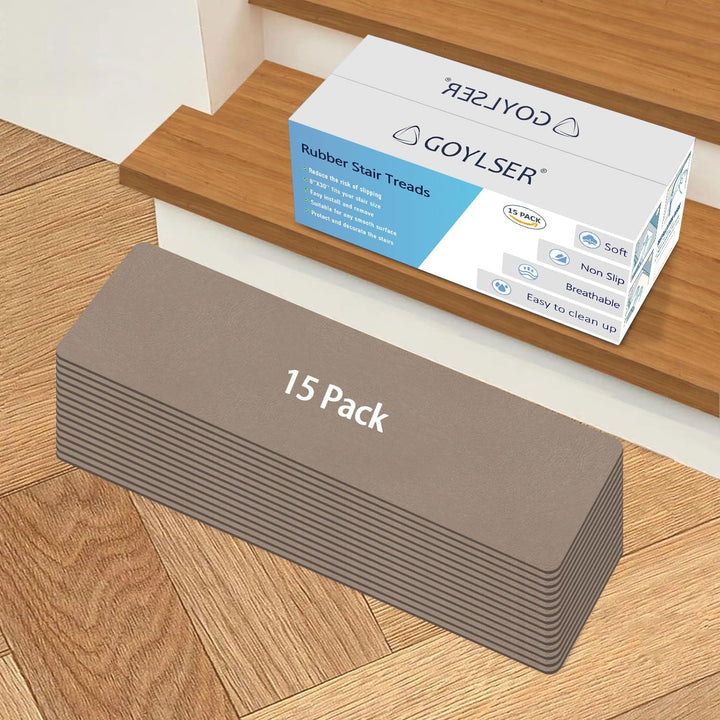 Carpet Stair Treads Set of 15, Non Slip Stair Carpet Treads Pads, 8x30 Brown Stair Rug for Wooden Step, Basement Stair Mats Covers for Pet and Kids