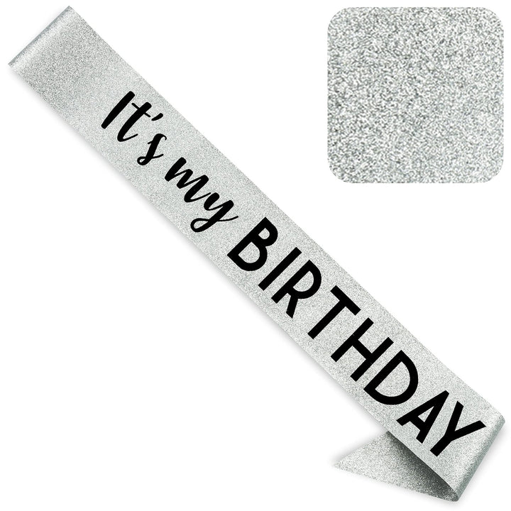&#39;It&#39;s My Birthday&#39; Sash Glitter with Black Foil - Silver Glitter Birthday Sash for Women and Men - Happy Birthday Sash for Girls, Sweet 16, 18th 21st 25th 30th 40th 50th