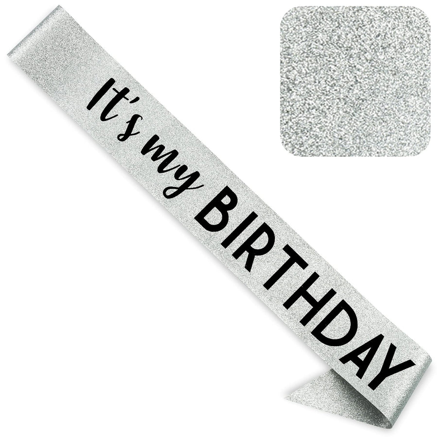 'It's My Birthday' Sash Glitter with Black Foil - Silver Glitter Birthday Sash for Women and Men - Happy Birthday Sash for Girls, Sweet 16, 18th 21st 25th 30th 40th 50th
