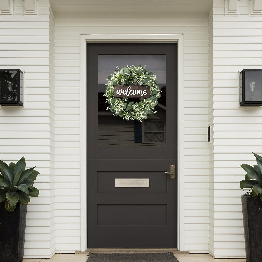 16in Artificial Eucalyptus Wreath with Welcome Sign Green Eucalyptus Leaf Wreath Greenery Wreath Round Leaves Wreath for Front Door Wall Window Festival Farmhouse Porch Patio Garden Decor