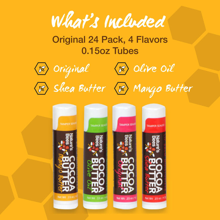 Nature&#39;s Bees - Cocoa Butter Lip Balm Moisturizer - Original 24 Pack, 4 Flavors - Original, Shea Butter, Mango Butter, Olive Oil - Made w/Coconut Oil, Beeswax, Vitamin E, Aloe - 0.15oz (4.2g)