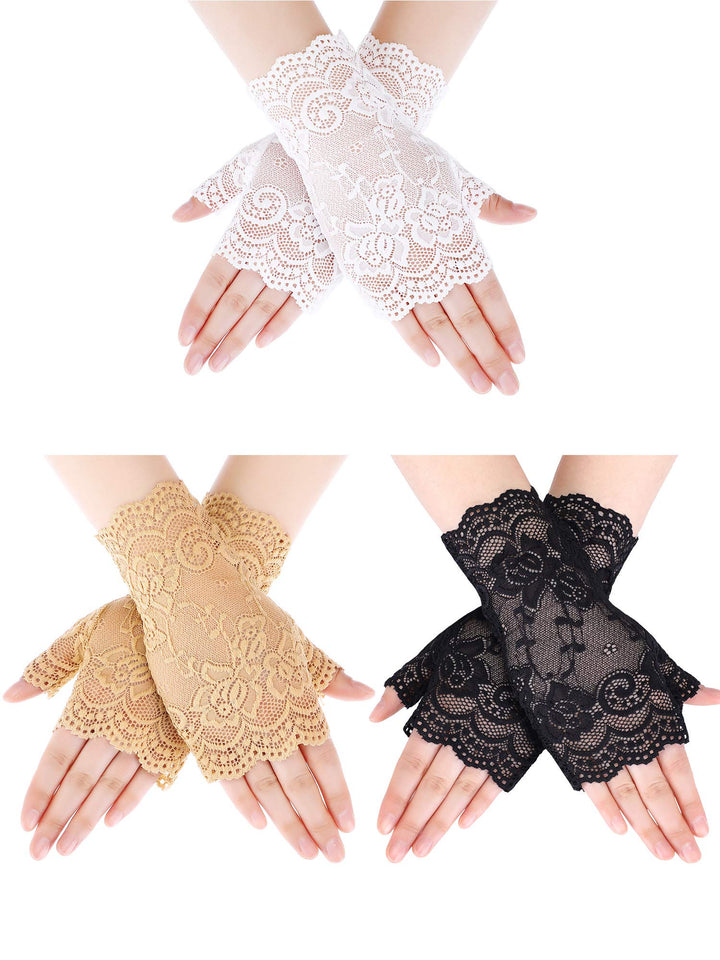 3 Pairs Halloween Lace Gloves Women Short Lace Gloves Fingerless Floral Gloves Flower Bridal Wedding Gloves(Black, White, Skin Color)