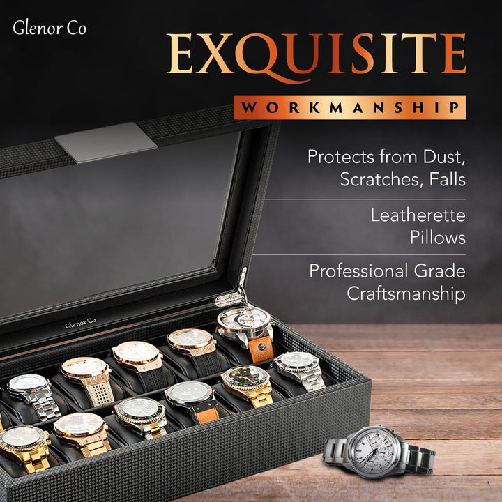 Glenor Watch Box For Men - 12 Slot Luxury Carbon Fiber Design Display Case, Large Holder, Metal Buckle -Black By