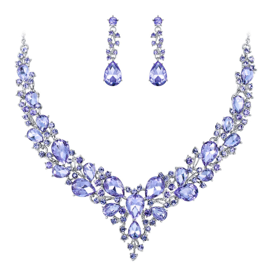 Necklace Earrings Jewelry Set for Women Wedding Bridal Austrian Crystal Teardrop Cluster Statement Necklace Dangle Earrings Set Light Purple Silver-Tone