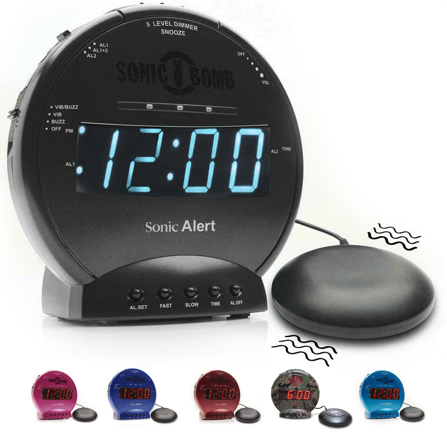 Sonic Bomb Dual Alarm Clock with Bed Shaker, Black Vibrating Alarm Clock Heavy Sleepers, Battery Backup | Wake with a Shake