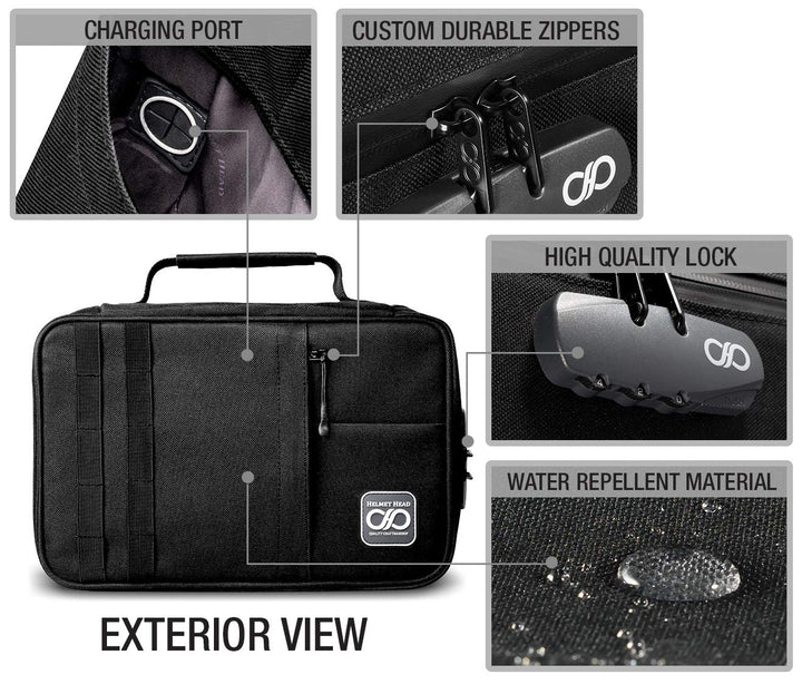 HELMET HEAD Smell Proof Bag and Stash Box, XL Smell Proof Box with Combo Lock for Your Mylar Bags and Smell Proof Containers. Includes Smell Proof Bags and Metal Tray (Black)