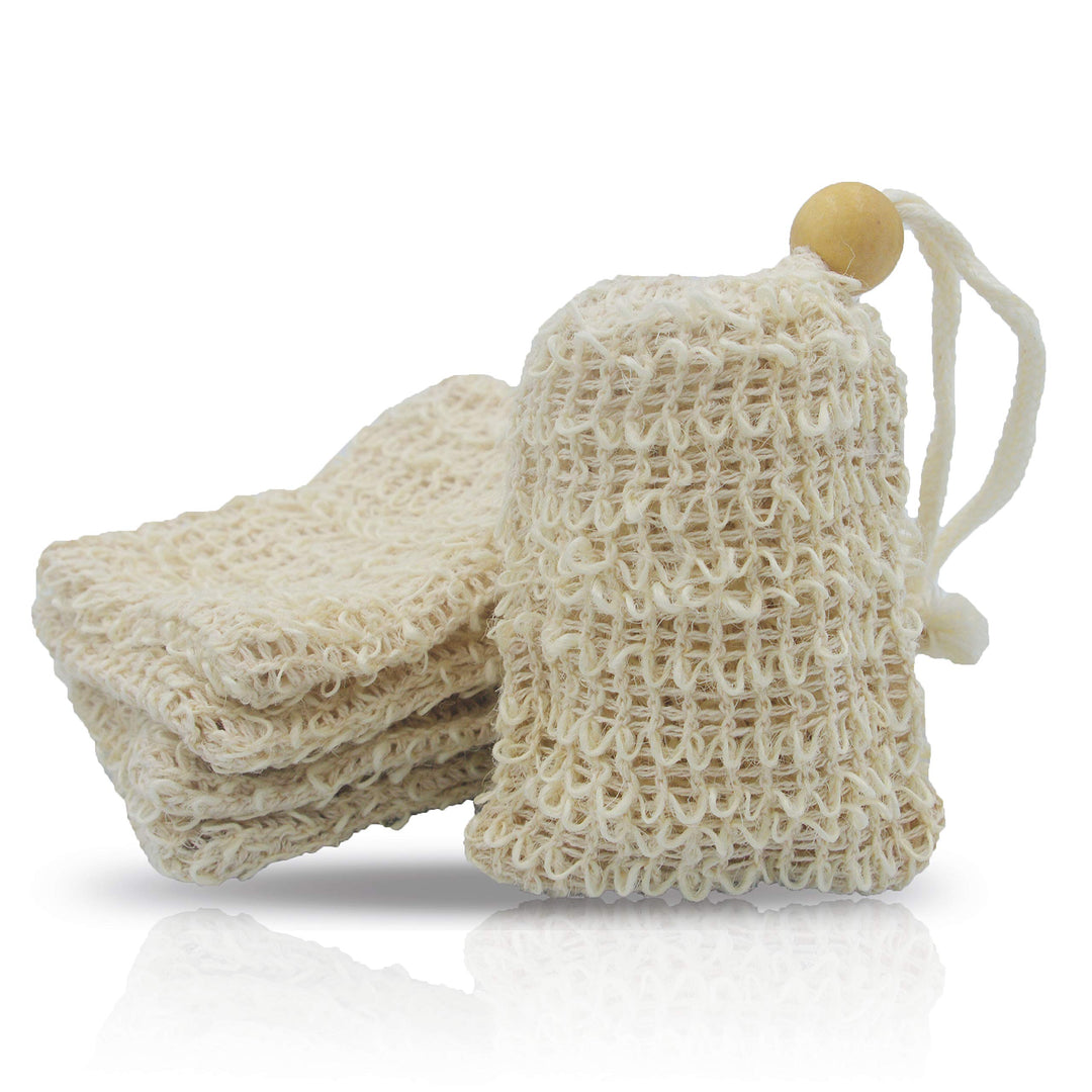 (5 Pack) Mini Size Natural Exfoliating Loofah Pouch Sisal Ramie Soap Saver Bag Soap Lather Scrubber with Drawstring and Wooden Bead Holder