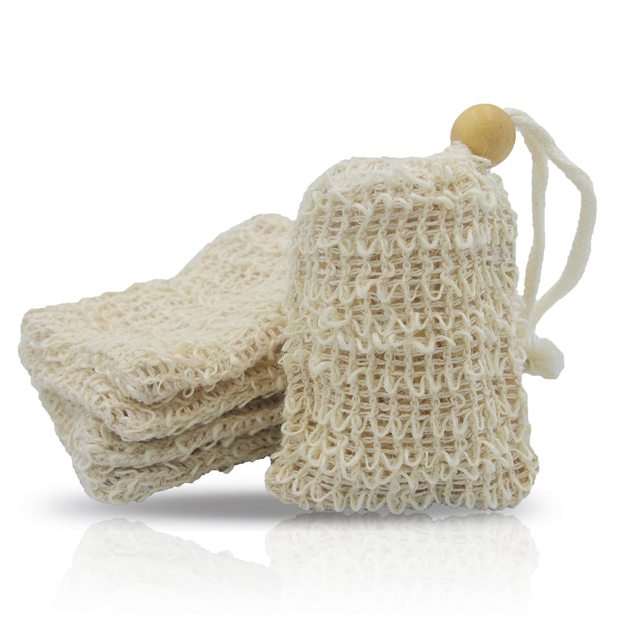 (5 Pack) Mini Size Natural Exfoliating Loofah Pouch Sisal Ramie Soap Saver Bag Soap Lather Scrubber with Drawstring and Wooden Bead Holder