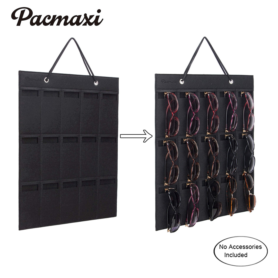 PACMAXI Sunglasses Storage Organizer, Wall Pocket Mounted by Sunglasses, Hanging Eyeglasses Storage Holder, Eyewear Display. (brown + black, 15 Slot)